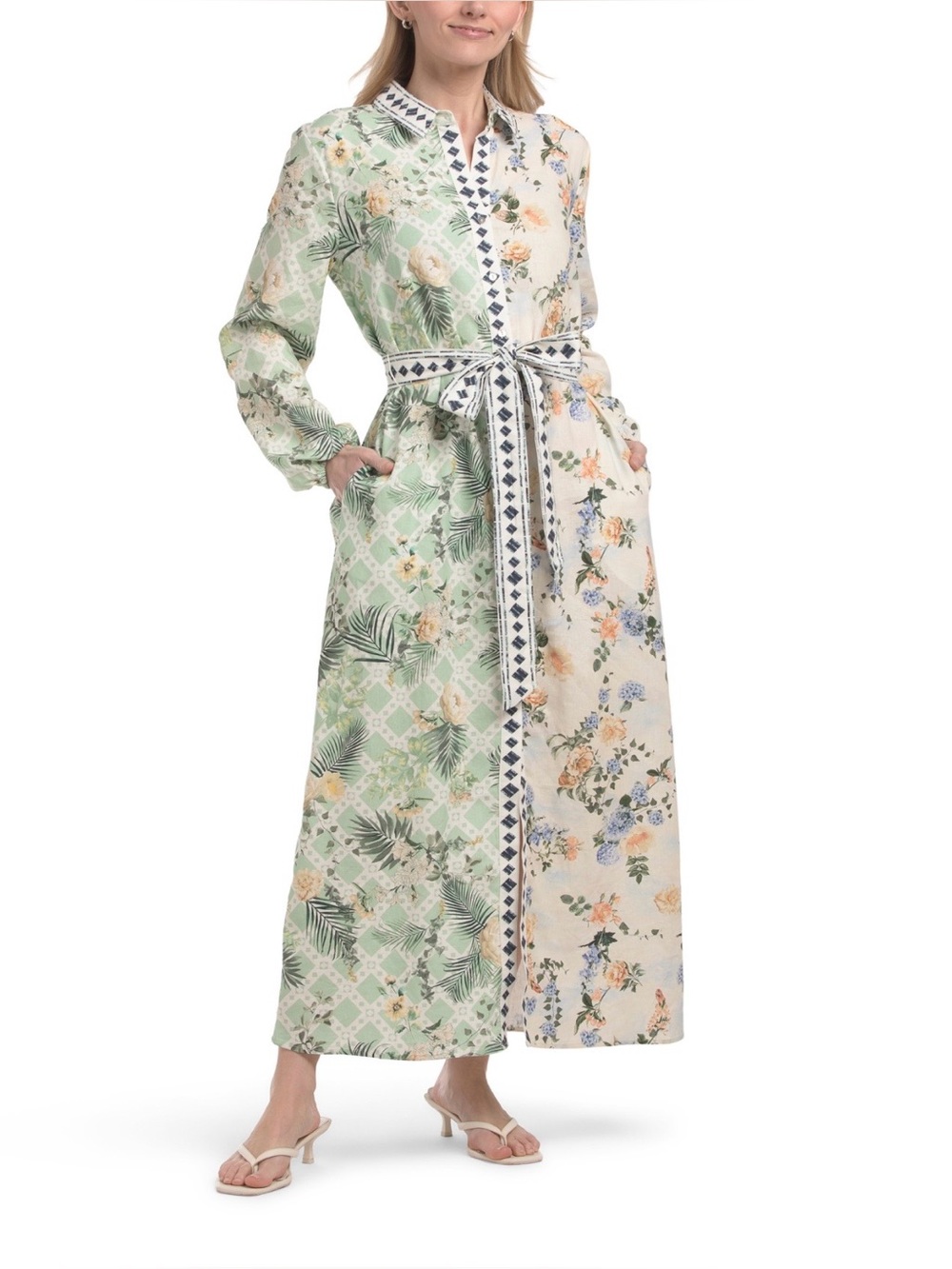 MAGASCHONI Linen M Farm Button Front Collared Shirt Dress Rio Floral Zimmerman